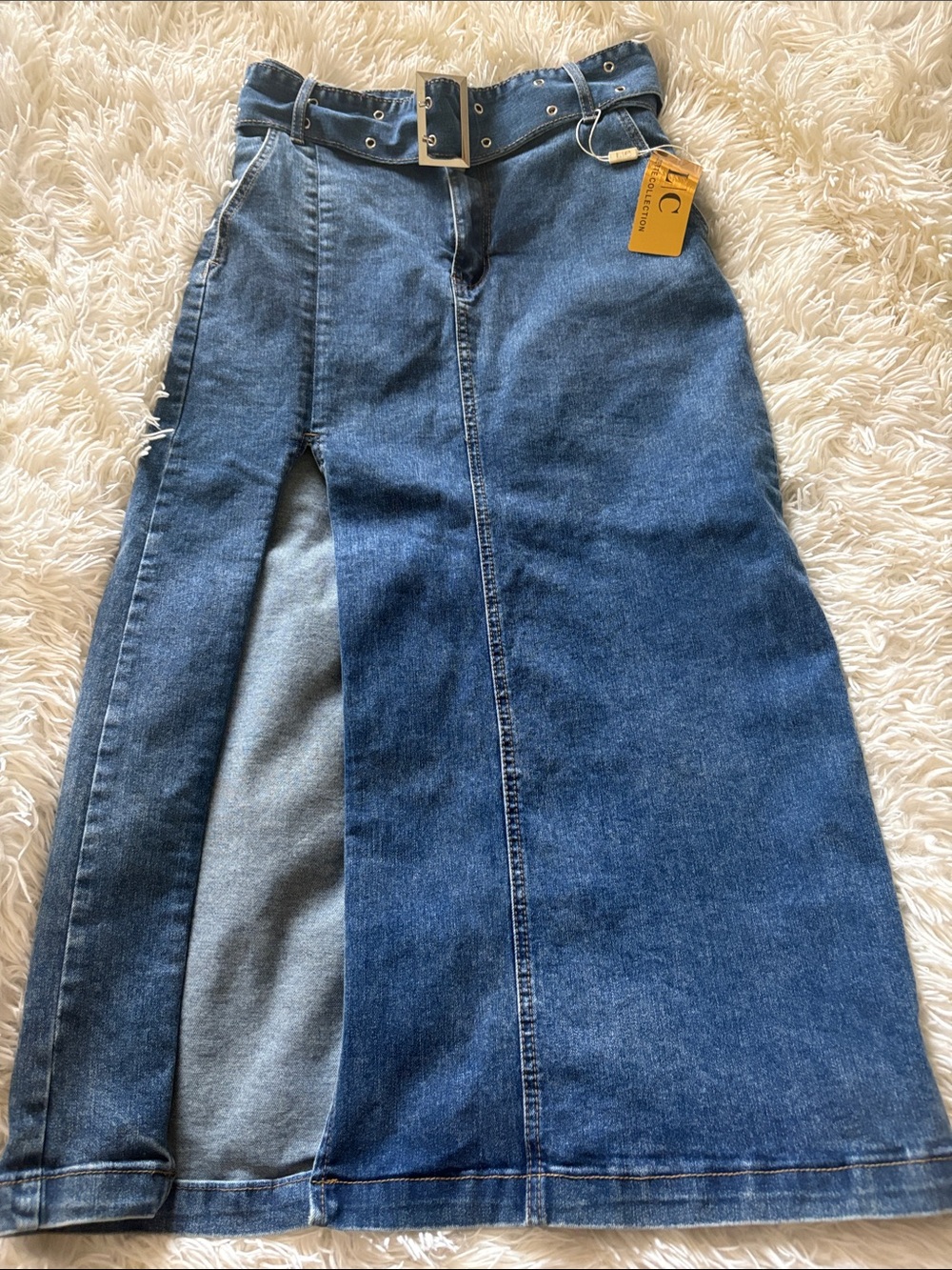 Denim Midi Skirt with Belt - Blue